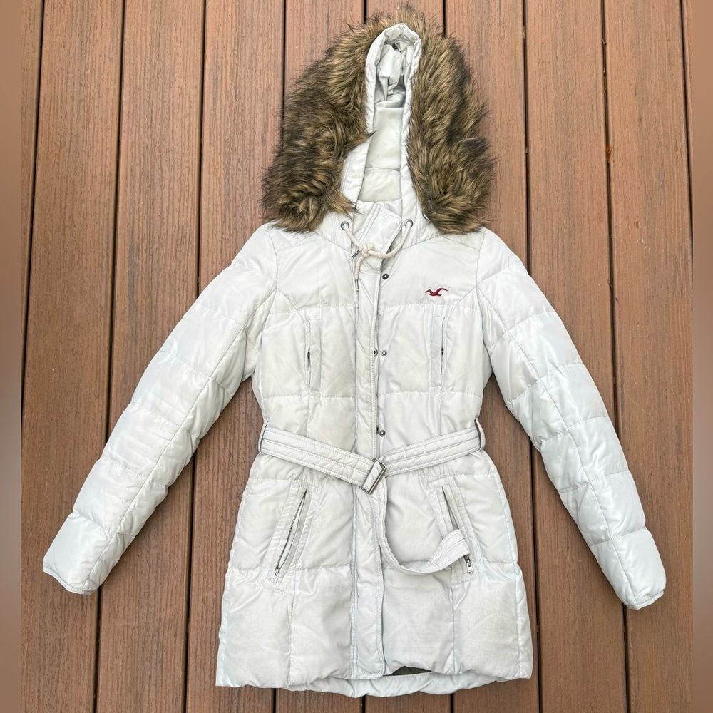 Y2K Hollister Grey Puffer Coat Parka Jacket Faux Fur Hood Size Medium